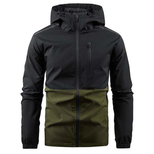 Men Colorblock Zip Up Drawstring Hooded Jacket Casual