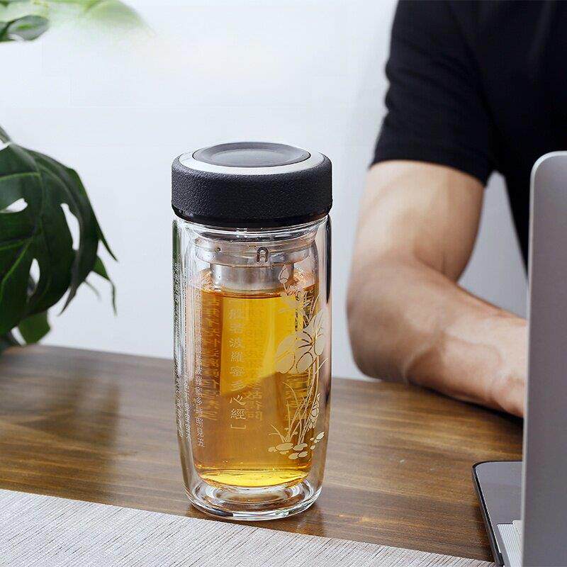 双层玻璃手提式水杯，耐热过滤男女大容量杯，刻印心经大悲咒