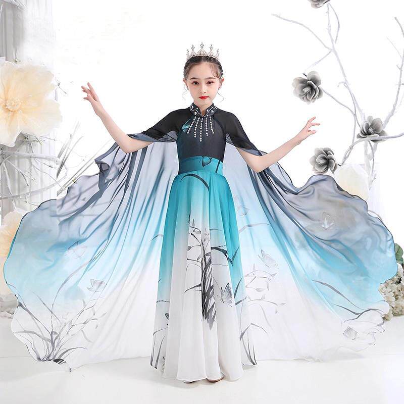 正品女古筝式演出服童中国风合唱团服晚装女童走秀拖尾礼服儿童中