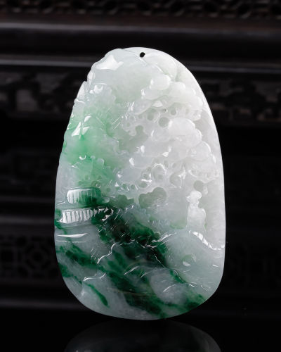 缅甸天然真品翡翠冰飘花高端精品厚装珠宝闪拍山水牌玉吊坠44.78g