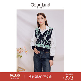 假两件Goodland美地女装2023秋季图案提花衬衫领针织衫上衣