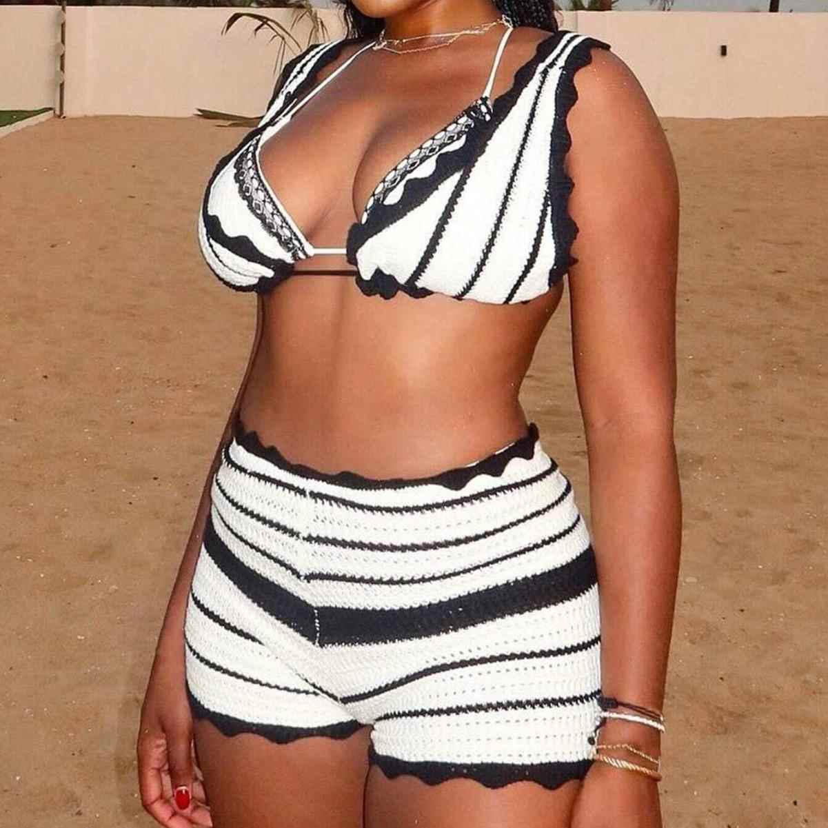 bohemian color set bikini shorts vest top contrast waist