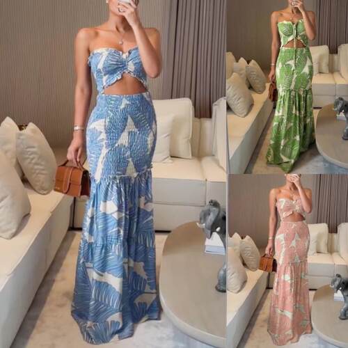 Tropical Bandeau Dress Ruched Cinched Waist Ruffle Hem