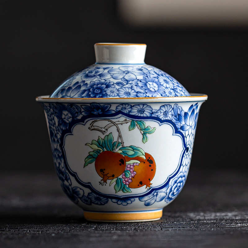 仿古青花盖碗家用陶瓷高档单个二才泡茶杯带壶承办公室功夫茶具