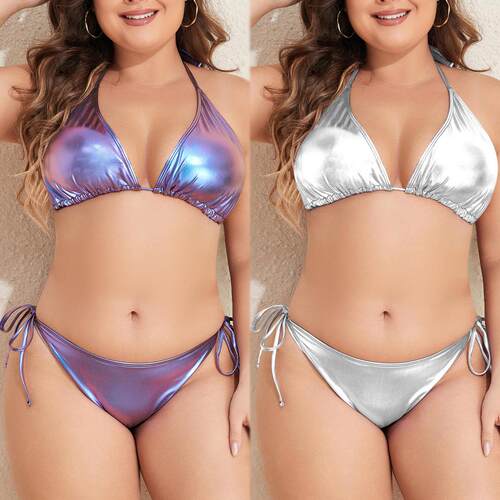 Large size bikini swimsuit with shiny surface, neck tie,