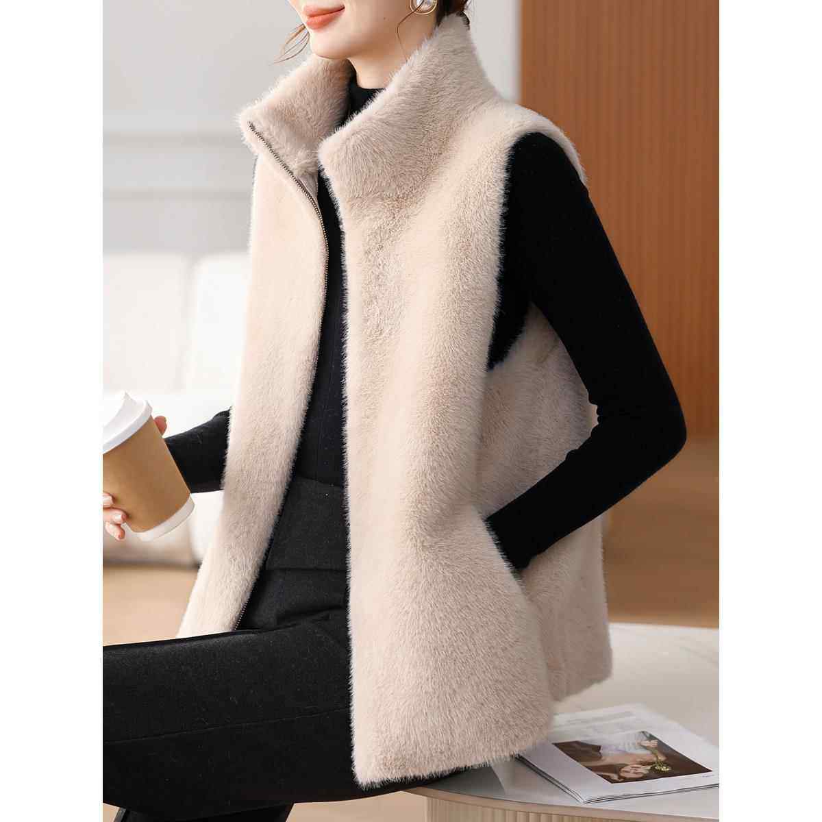 春季和秋季的母亲风格皮草一件式皮草女士背心拉炼立领背心貂皮天