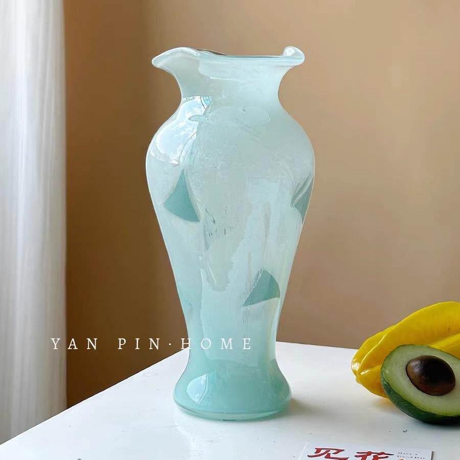 蓝色透明玻璃花瓶中式风格复古花边装饰花器摆件客厅玄关插花水培