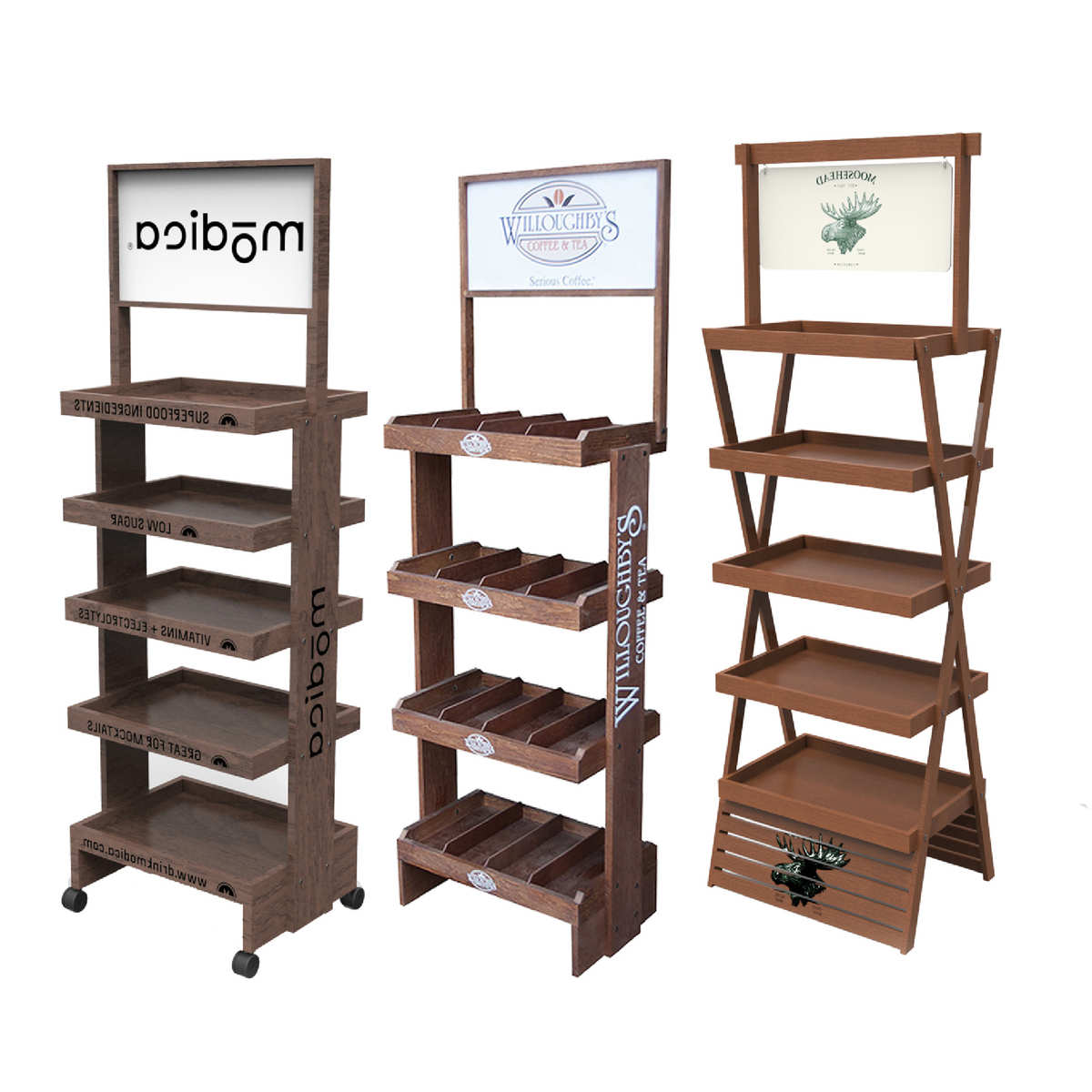 定制木质展示架饮料酒水实木陈列架置物架可移动滚轮挂架