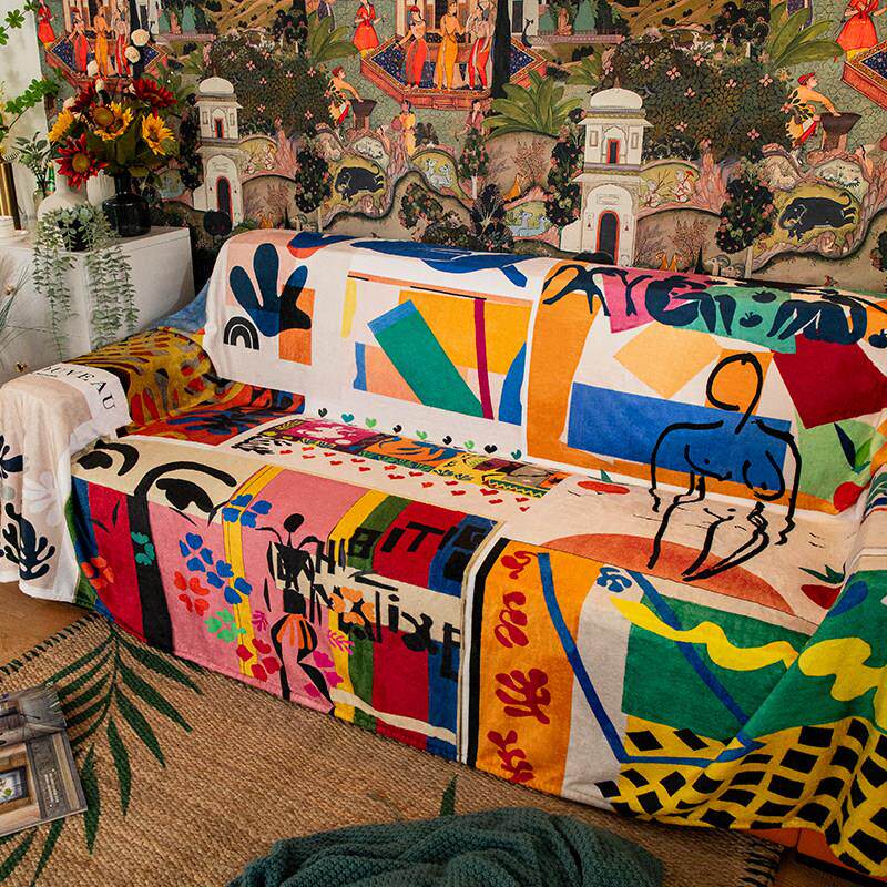 艺术马蒂斯沙发盖毯加绒盖布防尘坐垫个性抽象沙发巾盖腿午休毛毯