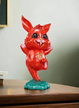 黄铜兔子摆件彩绘红色兔子可爱福兔客厅桌面装饰小兔子摆件工艺品