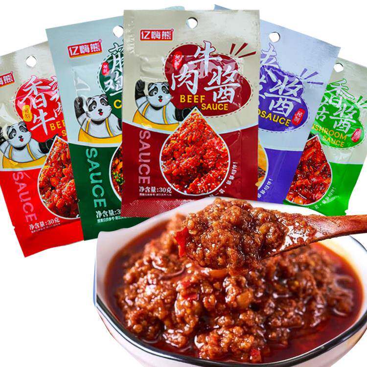 亿嗨熊牛肉酱夹馍酱香菇酱藤椒拌饭酱袋装小包装学校食堂拌饭酱