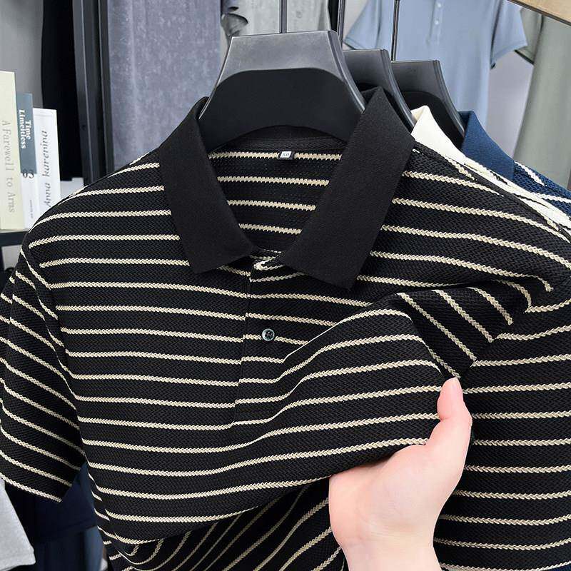 重磅高克重polo衫男短袖夏季男装宽松黑白条纹翻领t恤半袖上衣服