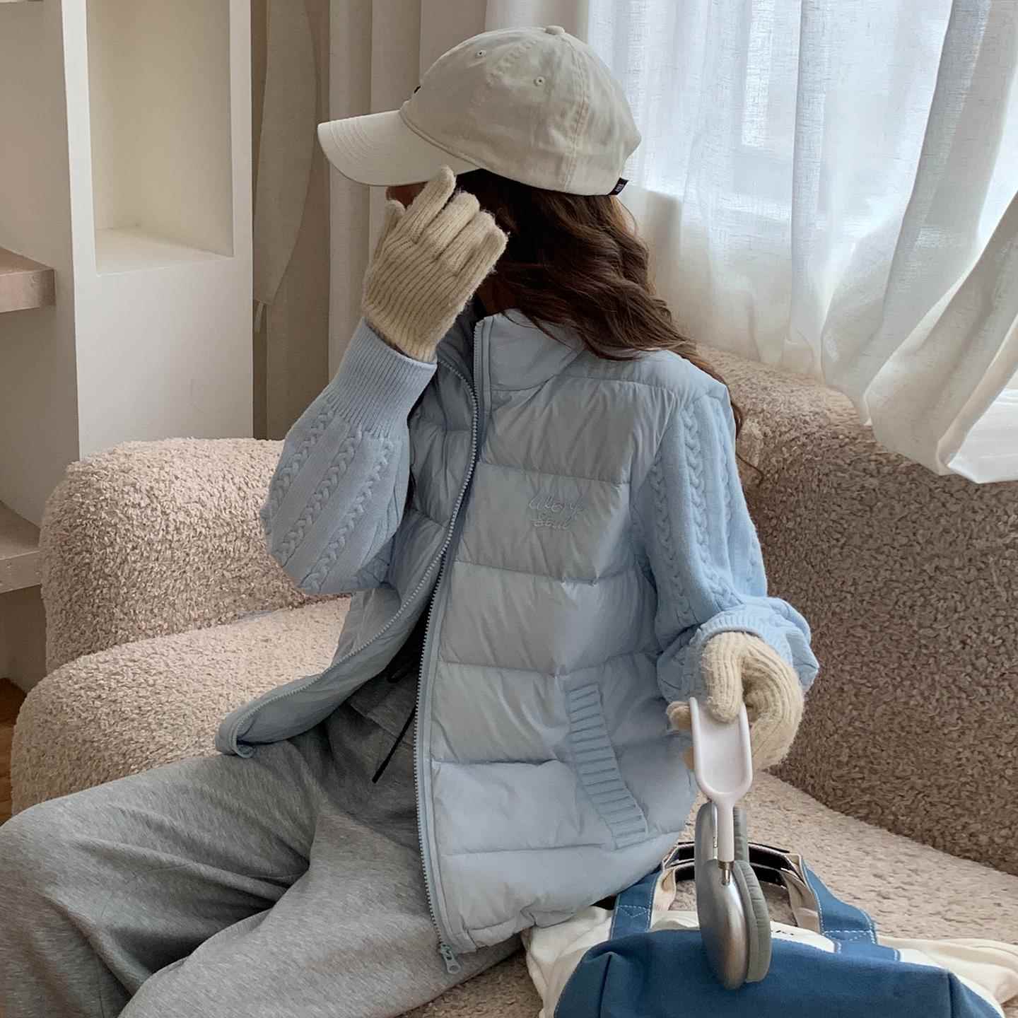 设计感针织袖子拼接羽绒服女2025冬季新款90白鸭绒小个子轻薄外套