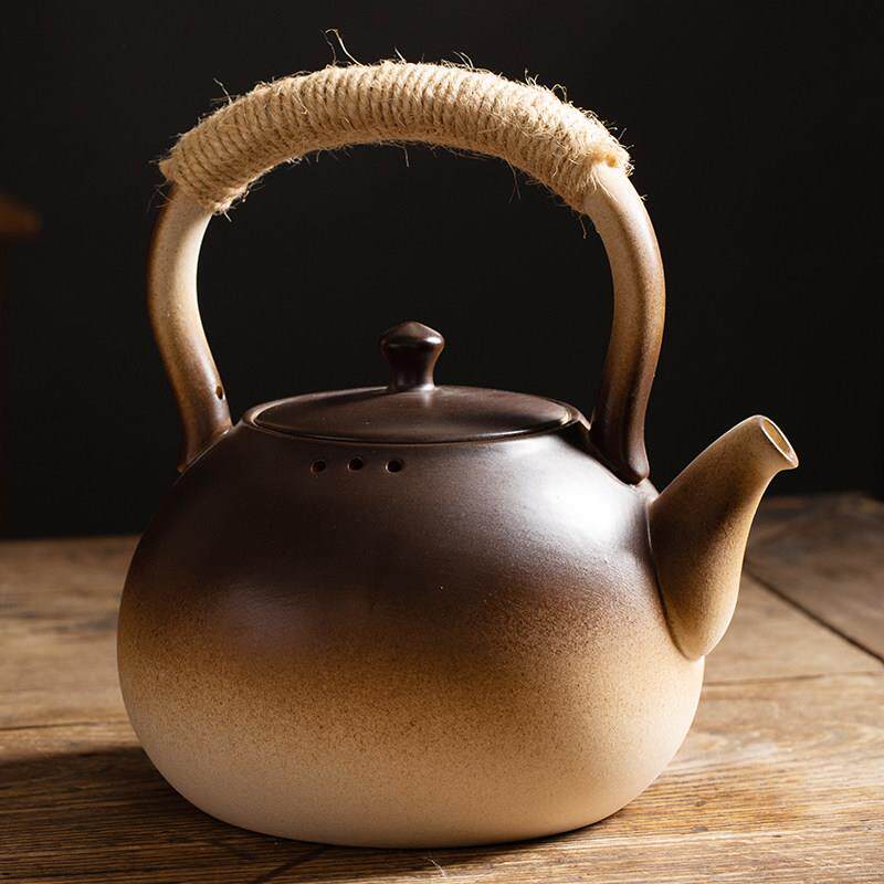 复古陶瓷烧水壶黑晶炉煮茶器粗陶连把养生壶家用客厅明火围炉碳烤