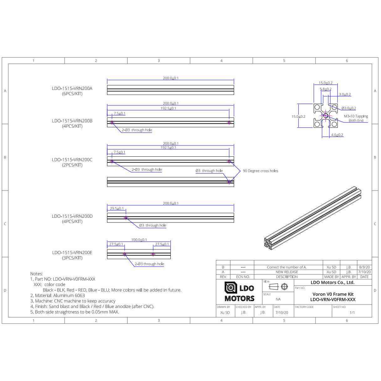 Voron V0 V0.1 铝合金型材外框支架1515彩色钻孔攻丝铝型材套件