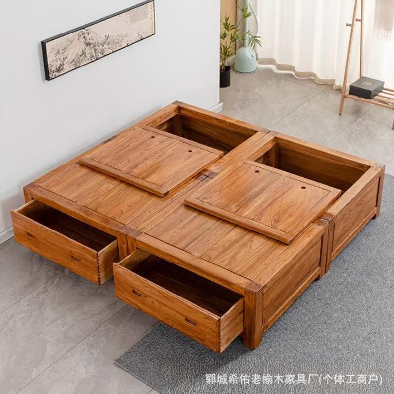 新中式老榆木抽屉床卧室双人床实木榻榻米储物床落地式箱体大床
