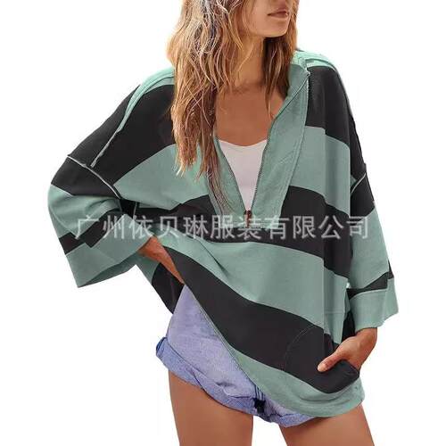 Women's oversized striped shirt, half zip sweatshirt,