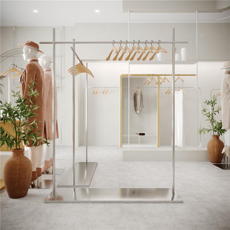 不锈钢带板服装店展示架落地式挂衣杆衣服架子男装女装店陈列架