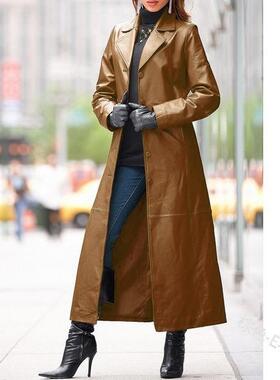 Women's buttoned leather coat, long coat, slimming effect,