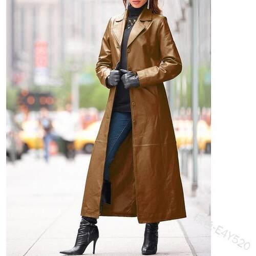 Women's buttoned leather coat, long coat, slimming effect,