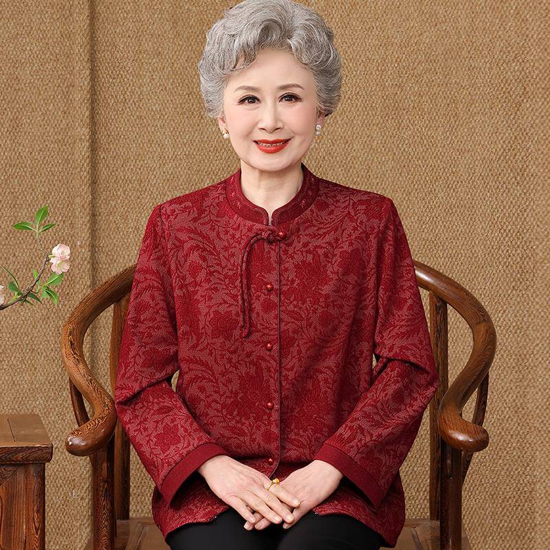 喜庆中老年人衬衫女长袖春装桑蚕丝100%大尺码奶奶真丝国风上衣立