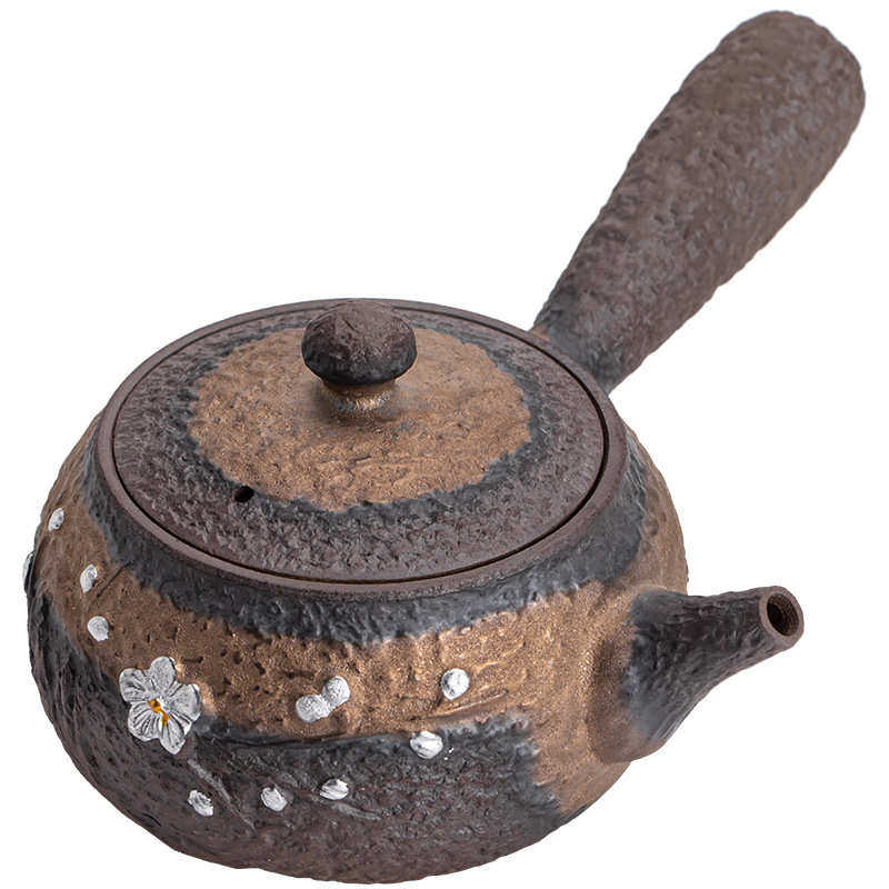 泡茶茶具泥老家用过滤泡早烧把侧壶银茶壶复古岩陶瓷鎏功夫古手工
