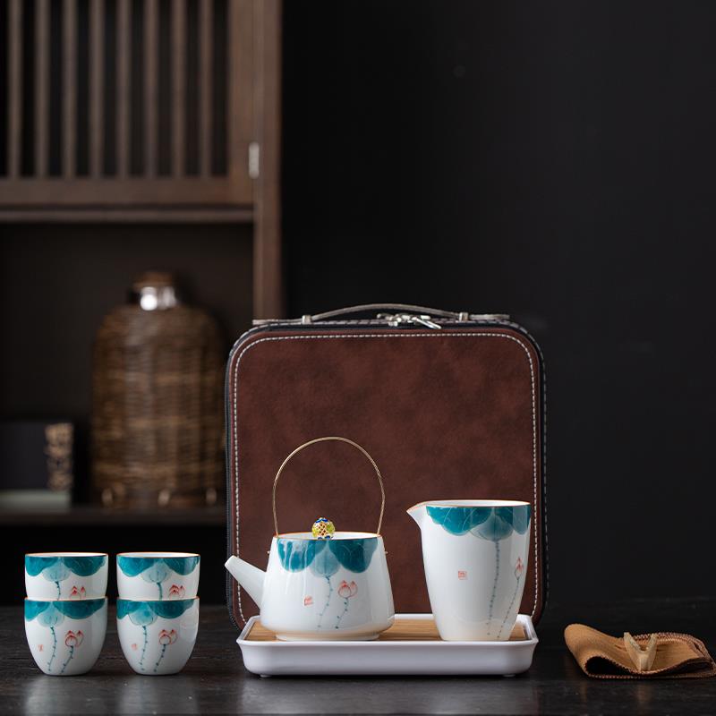 手绘旅行快客杯一壶四杯功夫茶具小套装家用户外可携式提梁壶定制