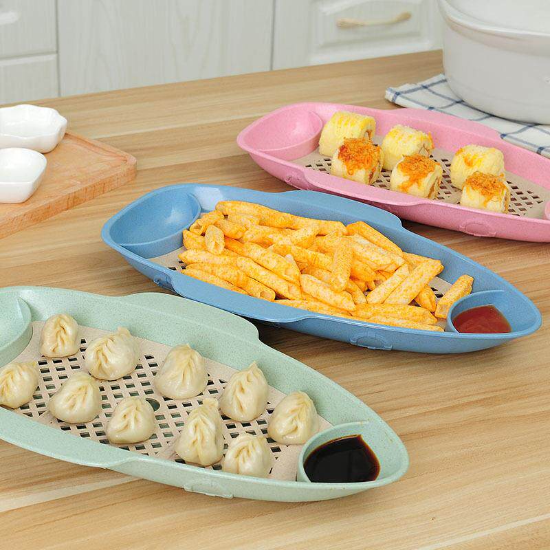家用创意小麦秸秆带醋碟饺子盘 大号餐盘带沥水饺子碟子饺子托盘