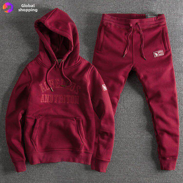 本命年冬季加厚时尚加绒卫衣套装高级宽松大码美式运动休闲上衣男