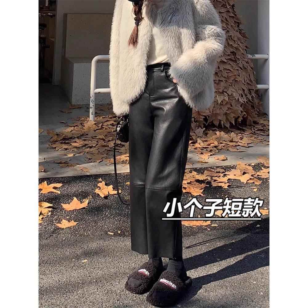 2025年春秋季新款高腰纤细Pu皮革休闲裤,适合小个子人群,阔腿裤