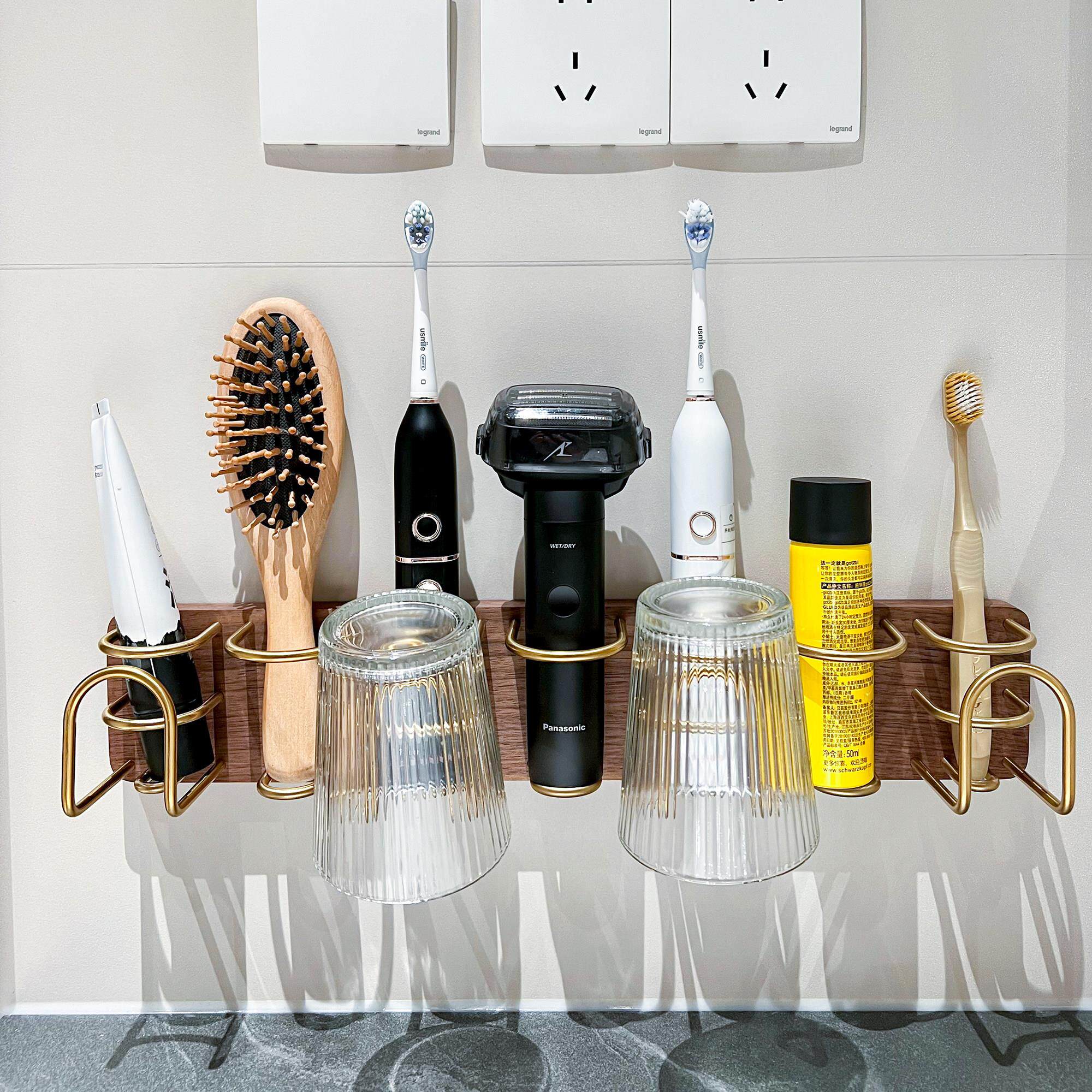 电动牙刷架双人壁挂化妆室浴室情侣放牙膏牙杯置物架实木洗漱收纳