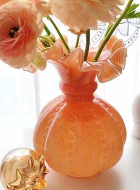 中古风芬顿花瓶复古南瓜纹手工家用法式高档水培插花玻璃装饰摆件