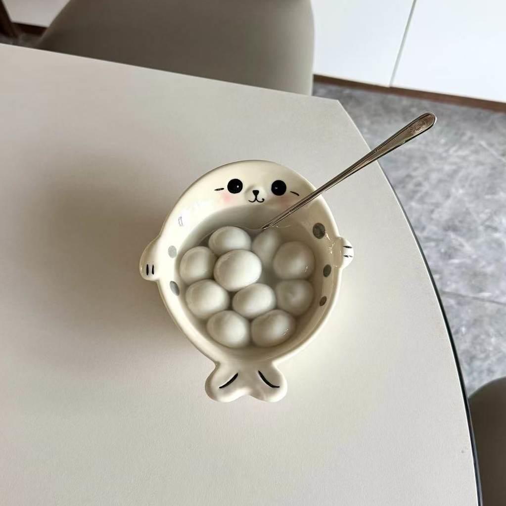 卡通小海豹釉下彩陶瓷碗异形漂亮餐具饭碗创意水果沙拉酸奶碗汤碗