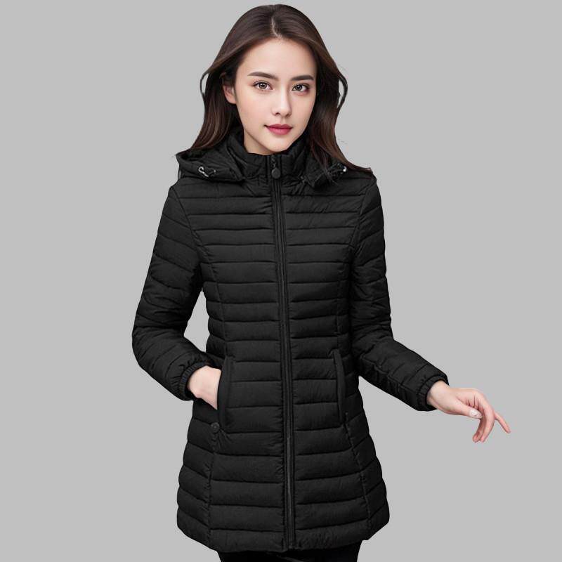 修身轻薄款冬季中长版羽绒棉衣女外套工装黑色连帽棉袄棉服工作服