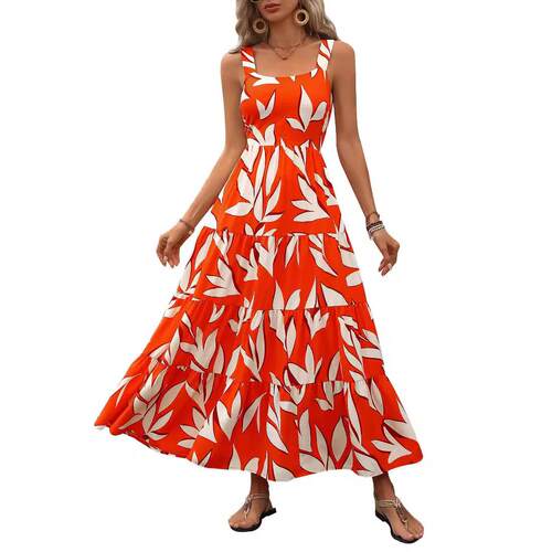 Women'S Summer Floral Maxi Dress Sleeveless Smocked Ruffle