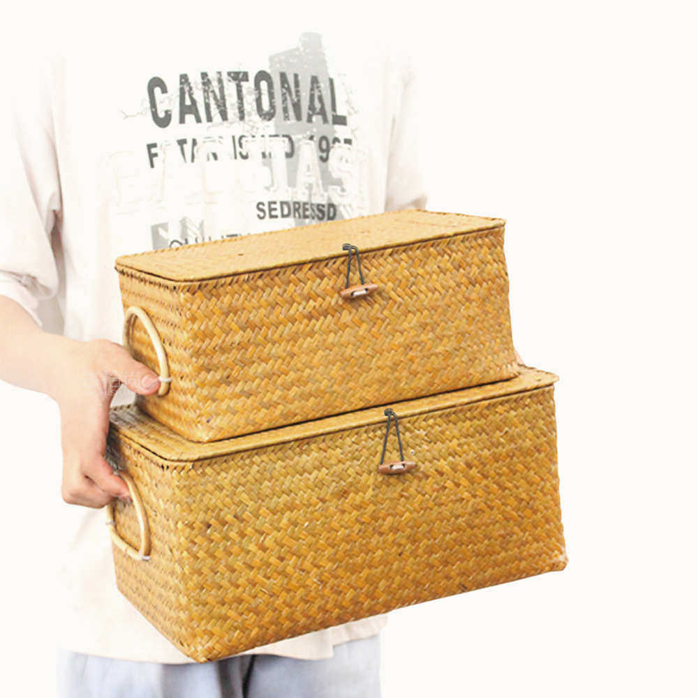 古拾尚 非藤编柳编收纳盒 海草编带盖杂物收纳箱 四色收纳篮筐