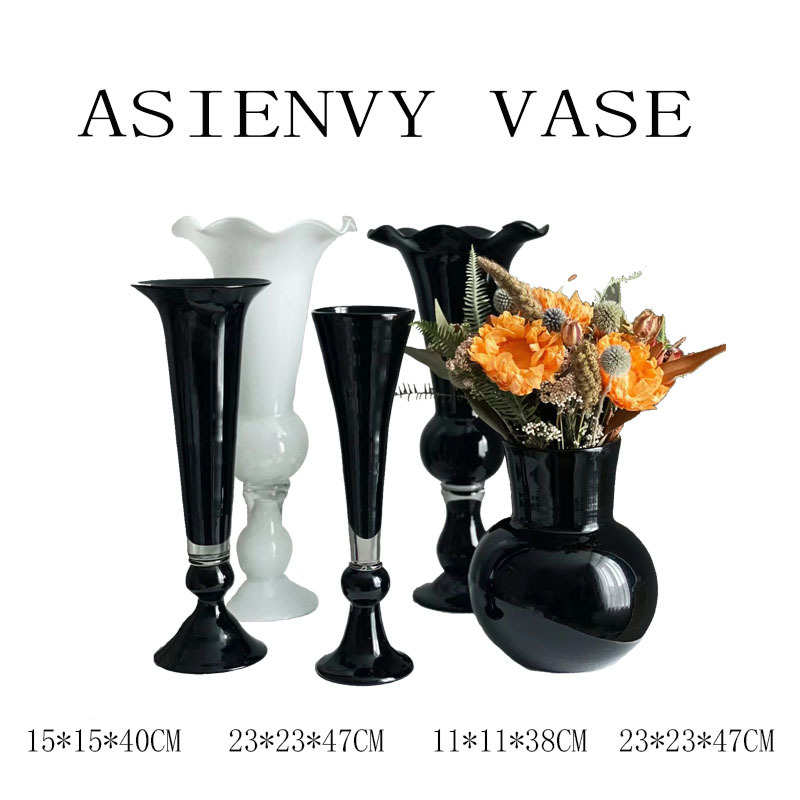 现代简约复古黑色玻璃花瓶家居样板间软装饰品欧式桌面插花花器