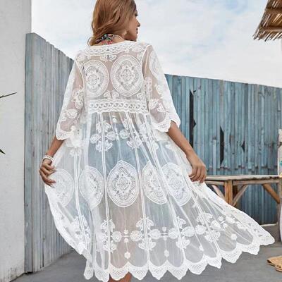 Women's Ethnic Pattern Contrast Lace Scallop Trim Cover Up,