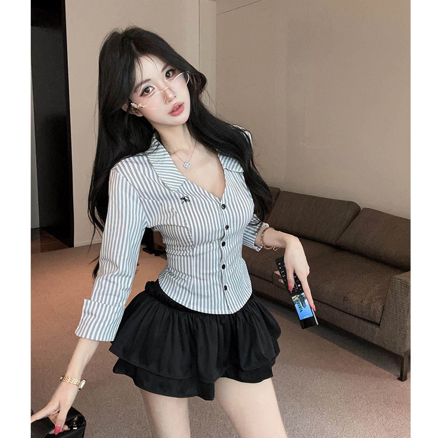 性感甜辣制服夜场女装条纹领半袖衬衫采耳美容按摩足浴技师服