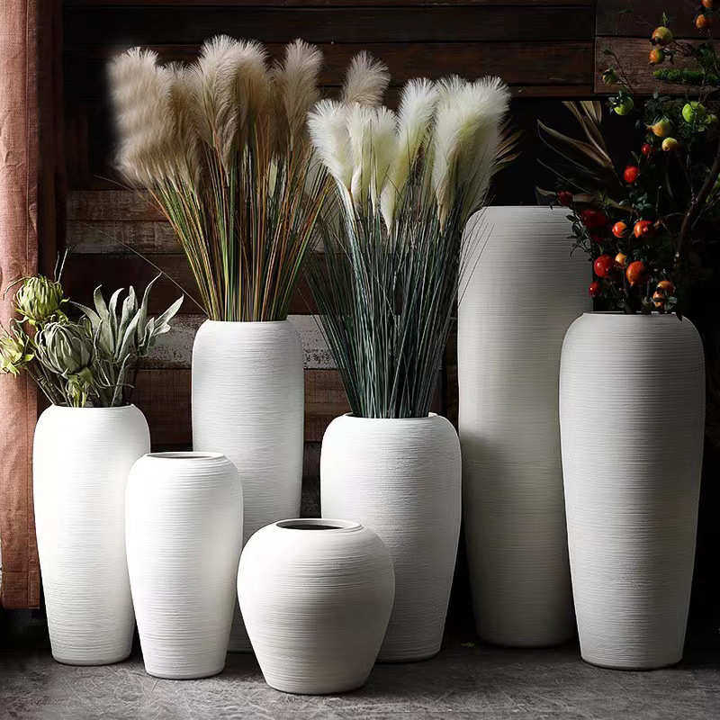 景德镇粗陶陶瓷大花瓶北欧客厅插花干花摆件现代简约白色落地陶罐