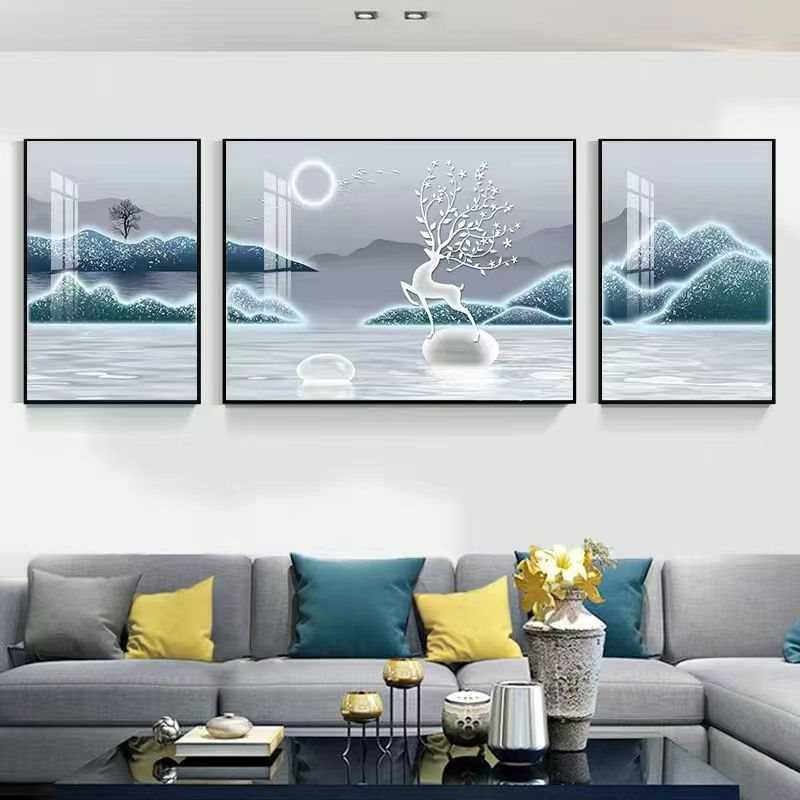 轻奢高档现代装饰福禄几何三联壁画沙发背景墙有带框挂画北欧简约图片