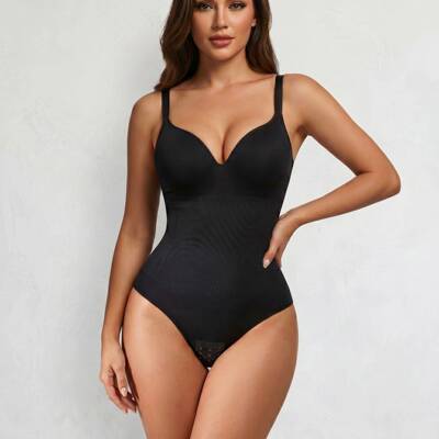 Women Contrast Mesh V Neck Shaping Bodysuit Tummy Control