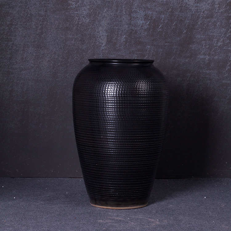 新中式黑色手工景德镇陶罐落地大号花瓶会所别墅售楼部工艺品摆设