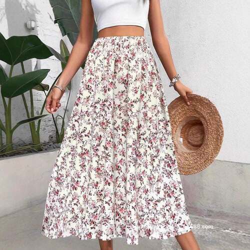 Women Floral Print Skirt Chic Boho Bohemian Maxi Beach