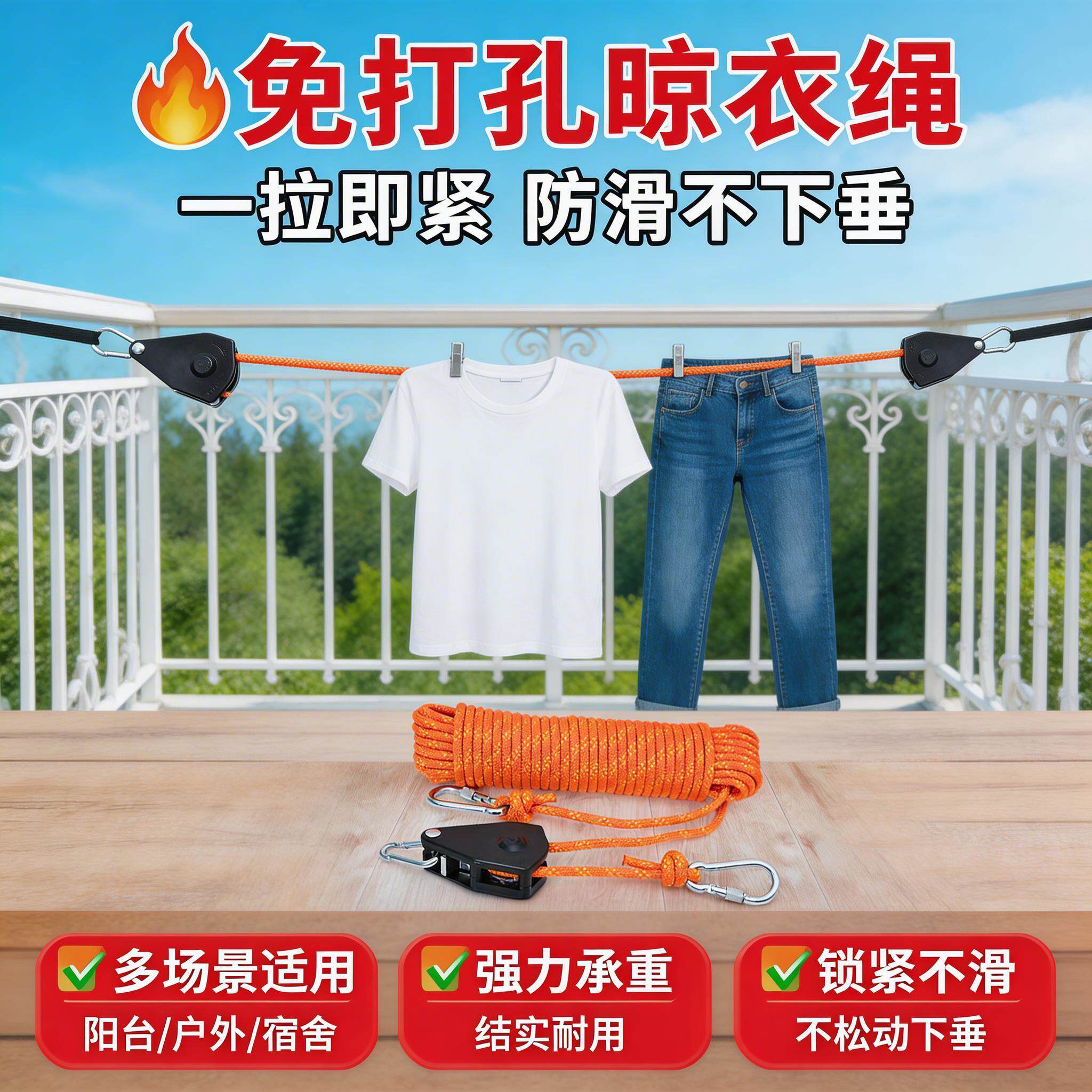 晾衣绳室外加粗户外晒被子神器防风固定扣一拉即紧钢丝芯防风防滑图片