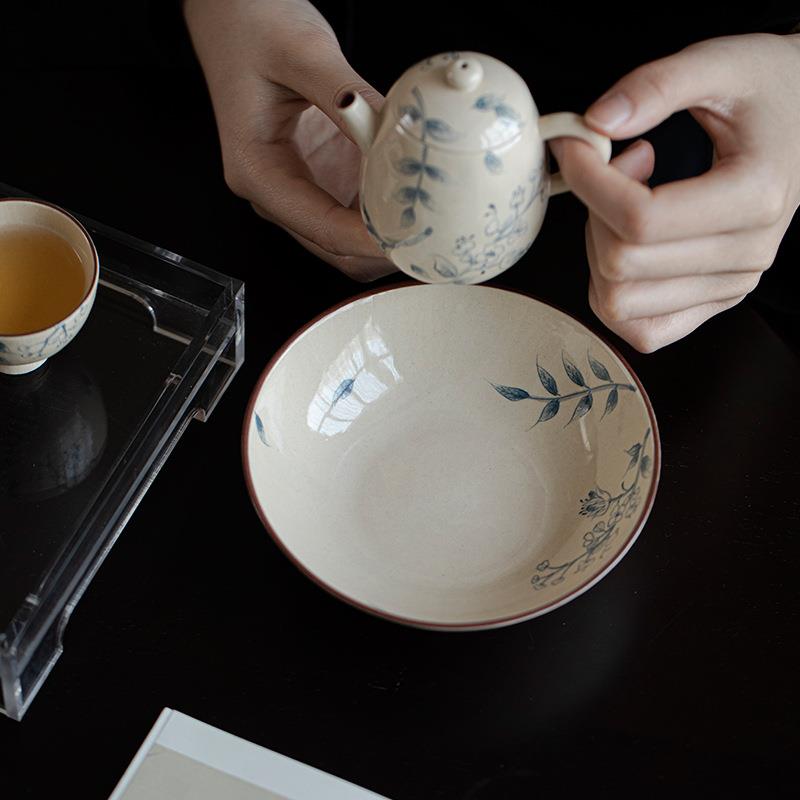 弥言粉引青花纯手绘壶承家用茶壶盖碗蓄水茶盘日式小型干泡盘粗陶