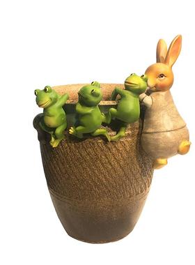 正品树脂青兔子四蛙件件套装花缸花盆挂 花园饰杂货摆件 小动物装