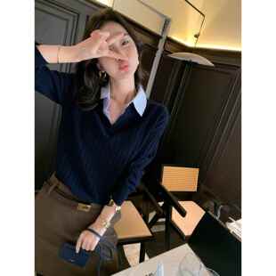 上衣秋装 DORACTR 女显瘦打底衫 羊毛假两件polo领针织衫 本期Bi入