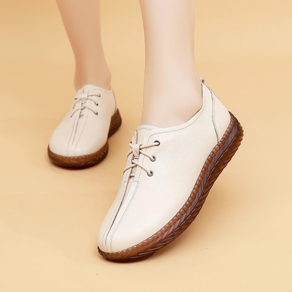 高档平底单鞋女舒适牛筋软底真皮鞋春秋款深口妈妈鞋老皮年软中休