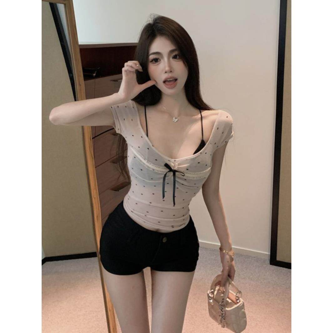 纯欲望性感甜美性感圆点短袖恤女士夏季优雅紧身修身短上衣两件套